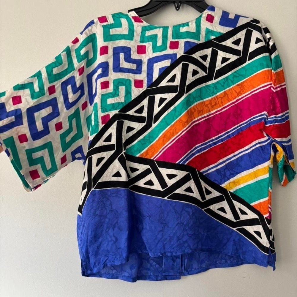 80s Retro Vintage multi-coloured silk Stripe Glam blouse - Medium